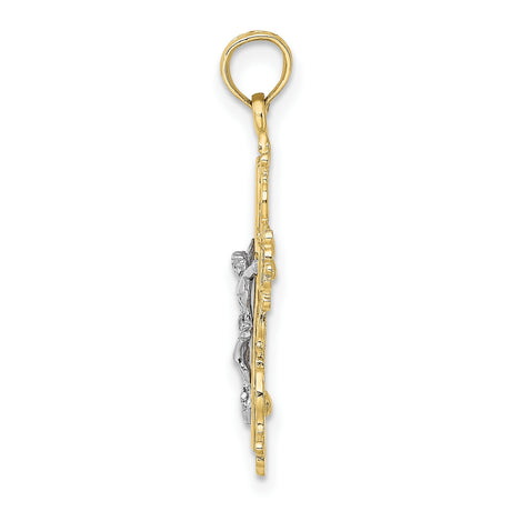 10k Multi-Tone Gold Crucifix Cross Pendant, Textured Baroque Design, Religious Charm for Men and Women