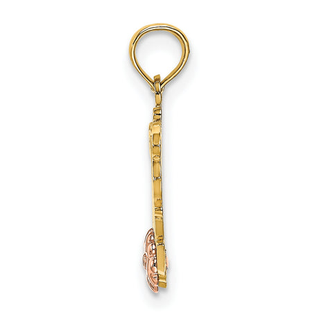 10k Two-Tone Gold Mom Pendant with Rose Gold Flower Accent, Script Design for Women
