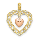 10k Two-Tone Gold Heart Pendant with Rose Gold Inner Charm and Filigree Design for Women