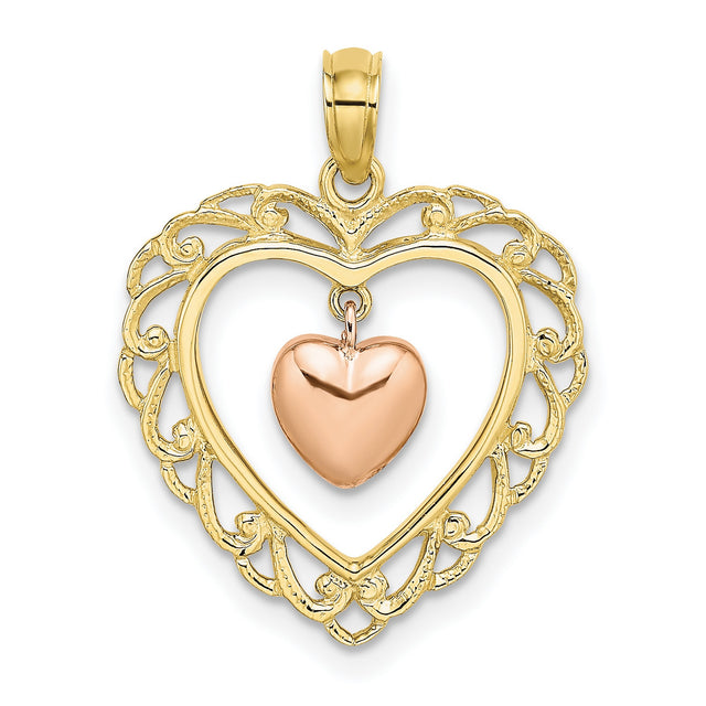 10k Two-Tone Gold Heart Pendant with Rose Gold Inner Charm and Filigree Design for Women