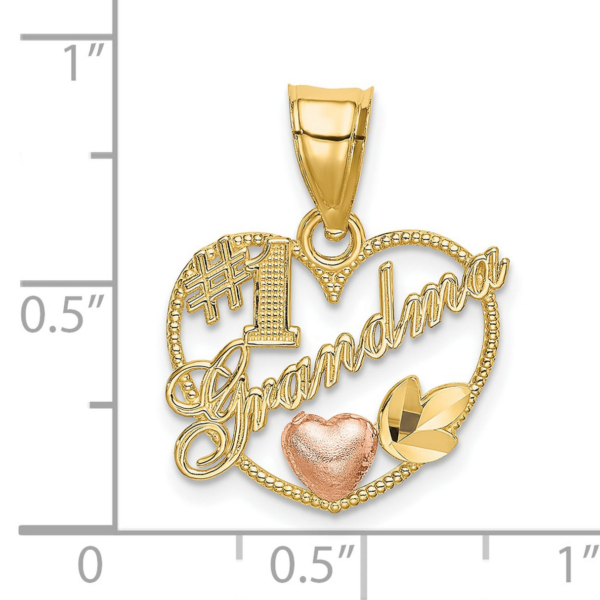 #1 Grandma Words And Rose Heart Charm Pendant in Real 10k Multi-Tone Gold