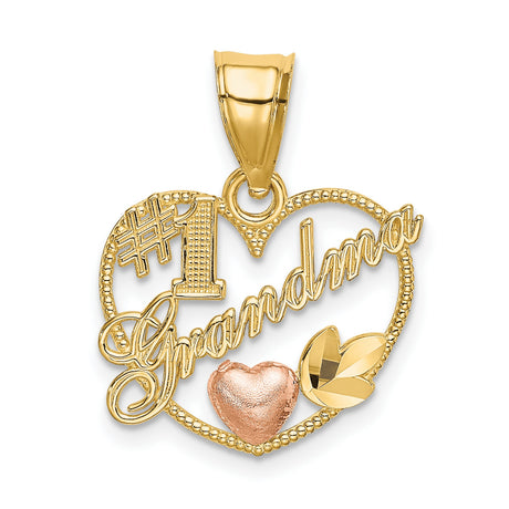 #1 Grandma Words And Rose Heart Charm Pendant in Real 10k Multi-Tone Gold