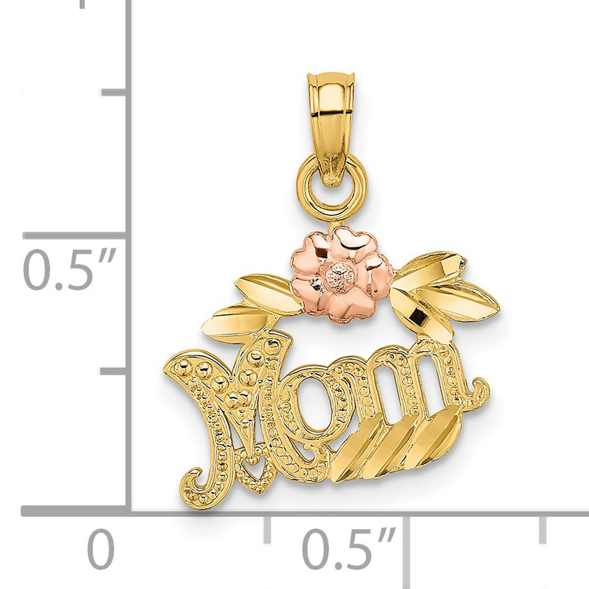 10k Two-Tone Gold Mom Pendant with Rose Flower and Leaf Design