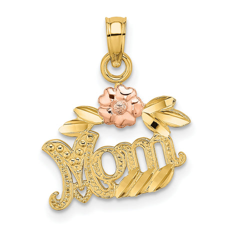 10k Two-Tone Gold Mom Pendant with Rose Flower and Leaf Design
