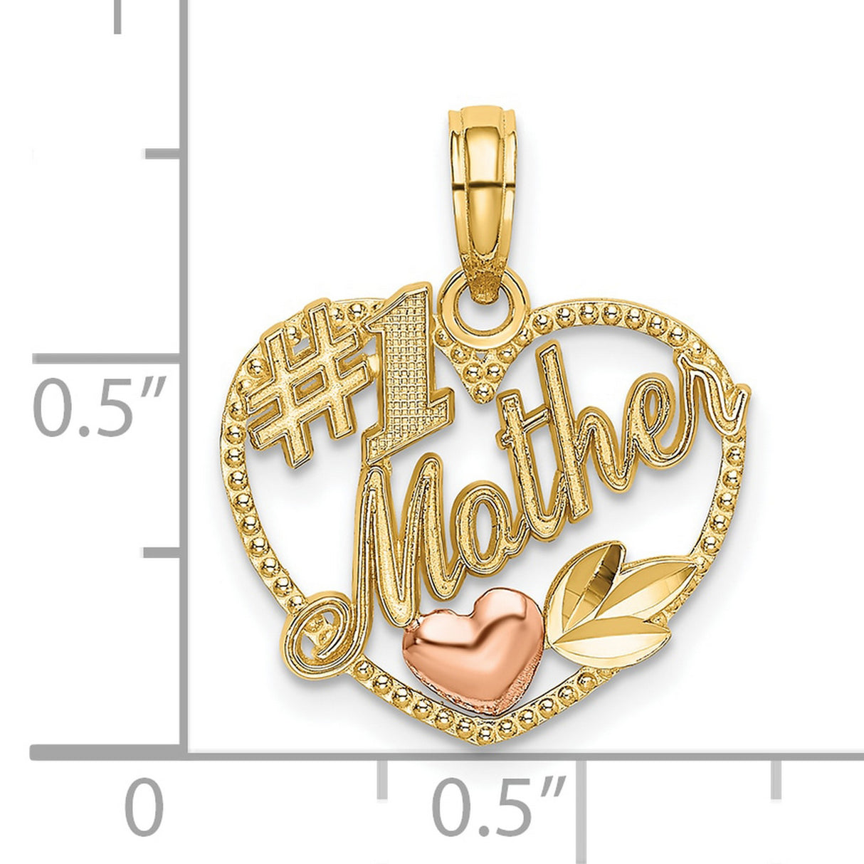 10k Two-Tone Gold Heart Pendant with Rose Gold Leaf Design and #1 Mother Message