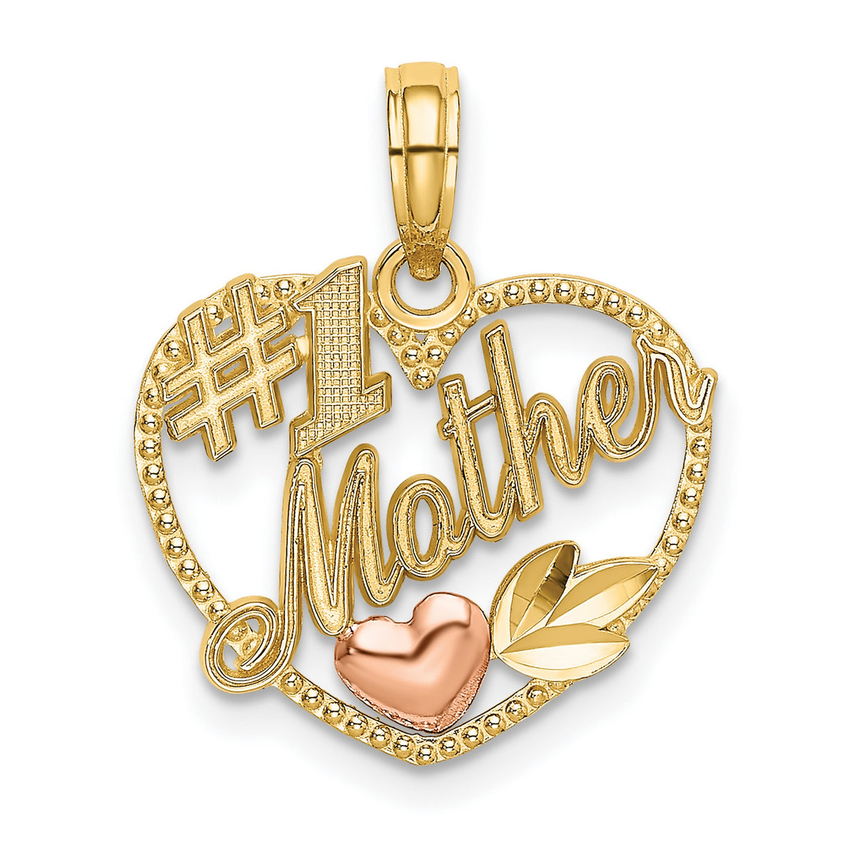 10k Two-Tone Gold Heart Pendant with Rose Gold Leaf Design and #1 Mother Message