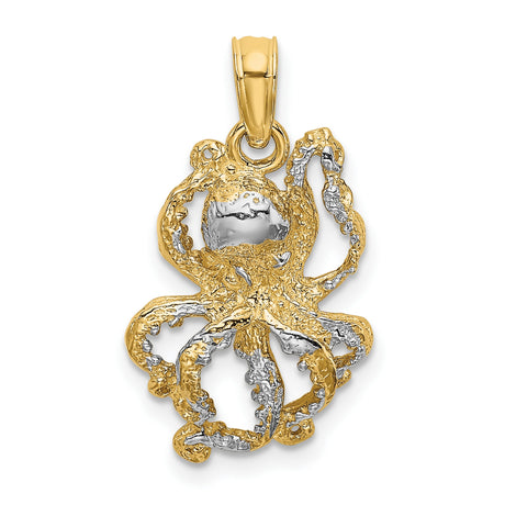 10k Multi-Tone Gold Octopus Pendant with Rhodium Accents, Nautical Marine Animal Design