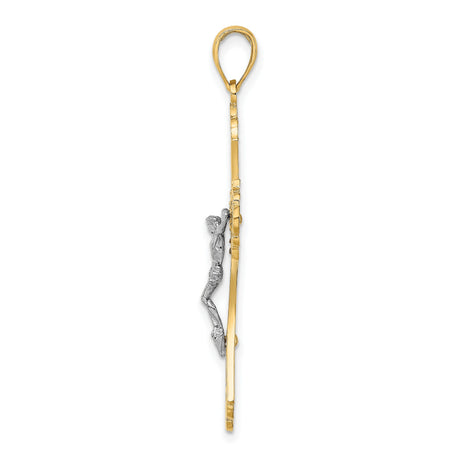 10k Two-Tone Gold Crucifix Cross Pendant with Cut-Out Design and Jesus Figure