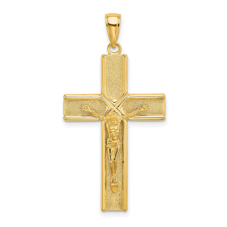 10k Yellow Gold Crucifix Pendant with Jesus Figure, Textured Satin Finish, Religious Charm