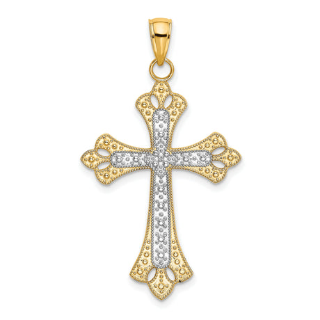 10k Multi-Tone Gold Cross Pendant with Rhodium Finish, Layered Openwork Design