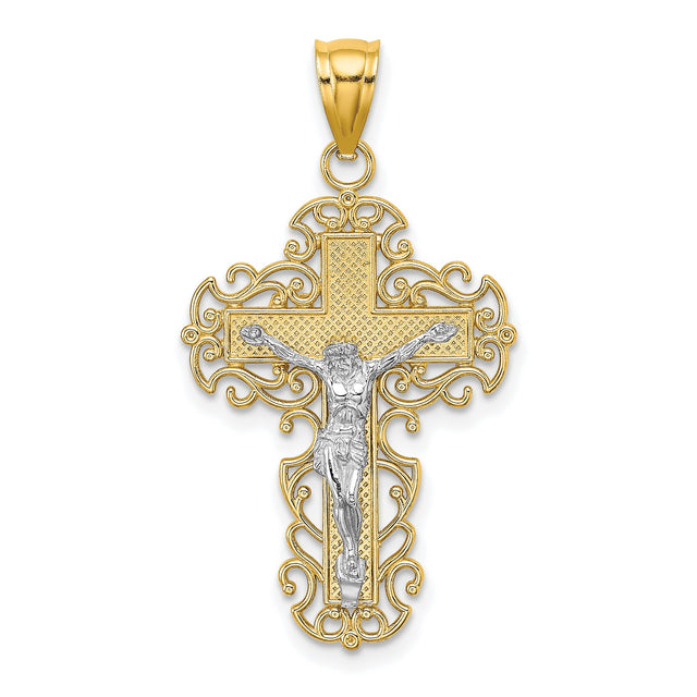 Lace Trim Crucifix Charm Pendant in Real 10k Multi-Tone Gold