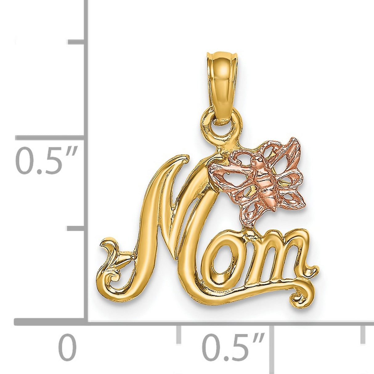 10k Two-Tone Gold Mom Pendant with Rose Gold Butterfly Accent, Scripted Charm for Women