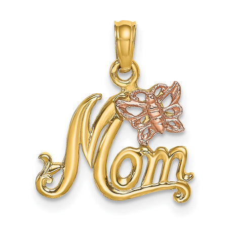 10k Two-Tone Gold Mom Pendant with Rose Gold Butterfly Accent, Scripted Charm for Women