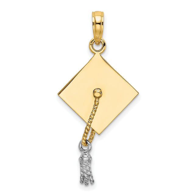 10k Multi-Tone Gold Graduation Cap Pendant with Rhodium Accent and Tassel Design