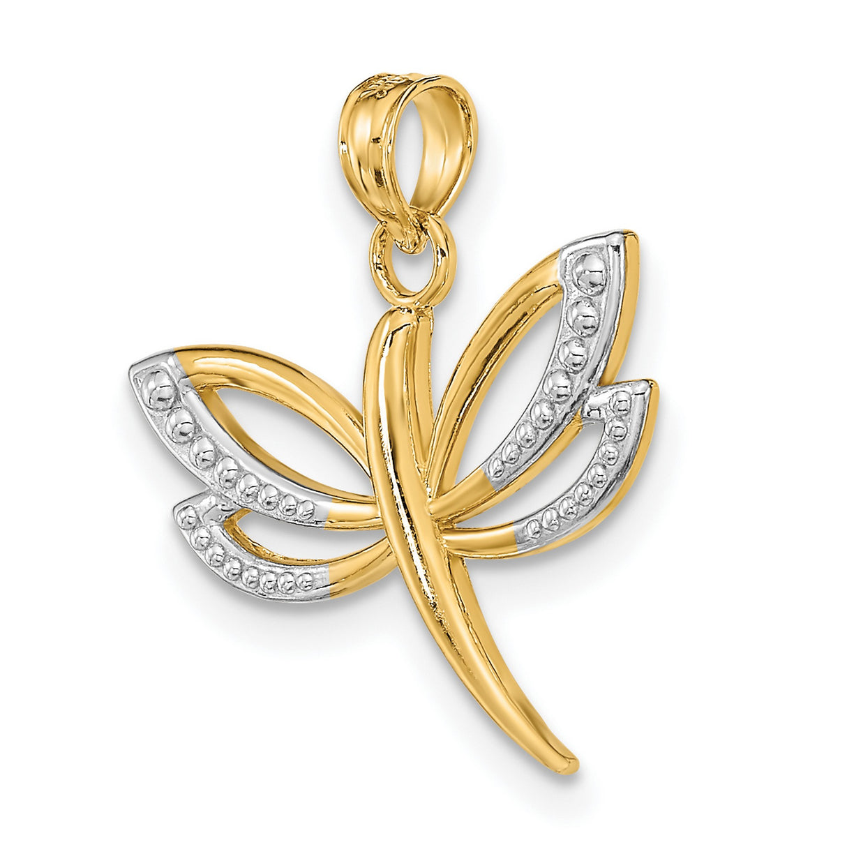 10k Multi-Tone Gold Dragonfly Pendant with Rhodium Accent and Textured Wings