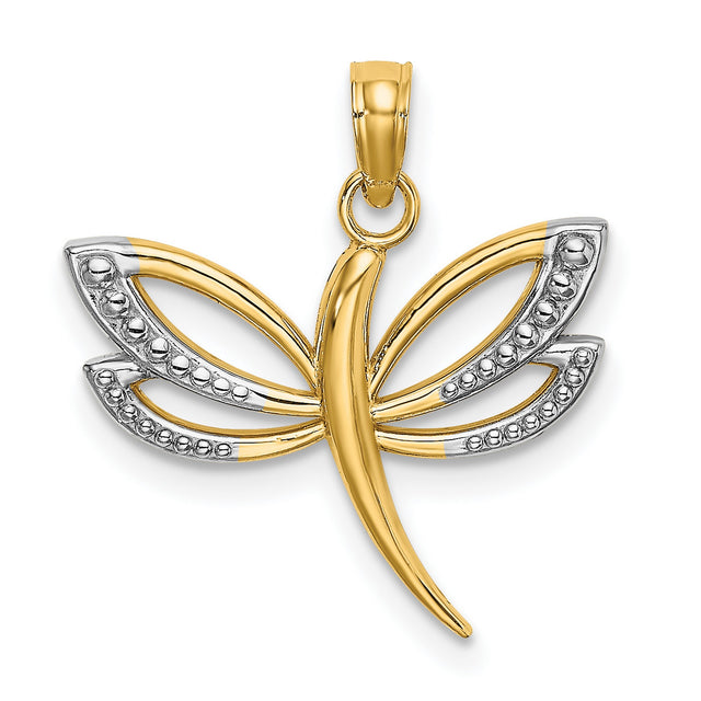 10k Multi-Tone Gold Dragonfly Pendant with Rhodium Accent and Textured Wings