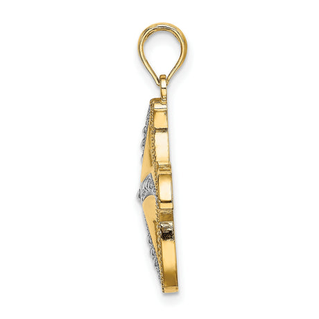 10k Multi-Tone Gold Starfish Pendant with Rhodium Accent, Textured Nautical Ocean Charm
