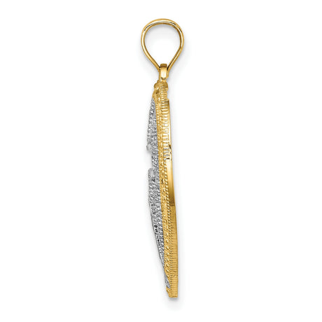 10k Multi-Tone Gold Cross Pendant with Rhodium Filigree and Scrollwork Design