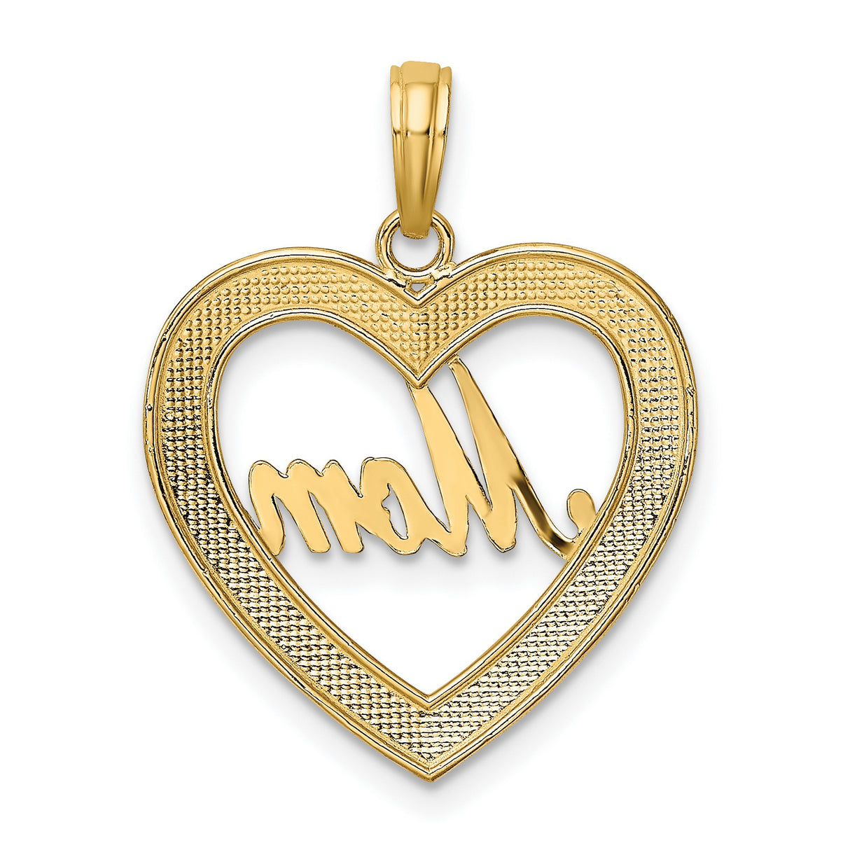 10k Multi-Tone Gold Heart Pendant with Rhodium Mom Script and Textured Frame