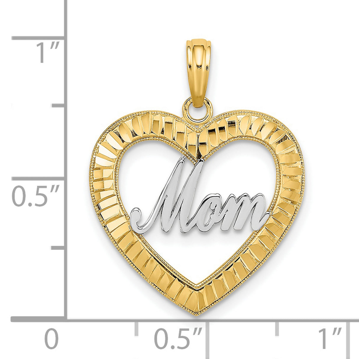 10k Multi-Tone Gold Heart Pendant with Rhodium Mom Script and Textured Frame