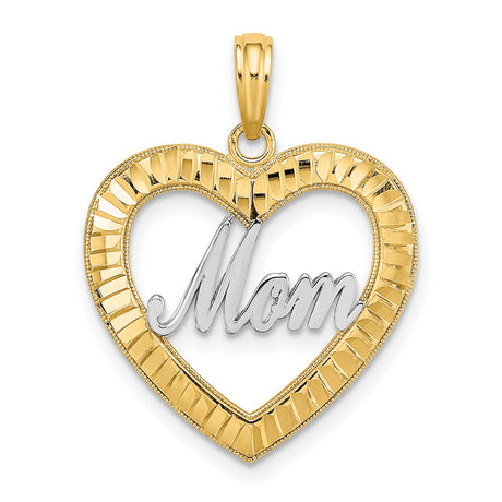 10k Multi-Tone Gold Heart Pendant with Rhodium Mom Script and Textured Frame