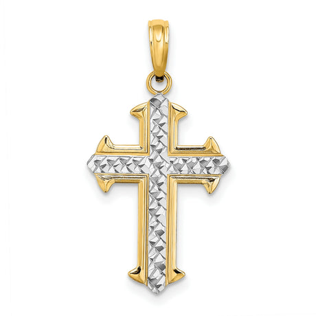 10k Yellow and White Gold Cross Pendant with Rhodium Finish, Diamond Cut Detailing, Spiritual Design