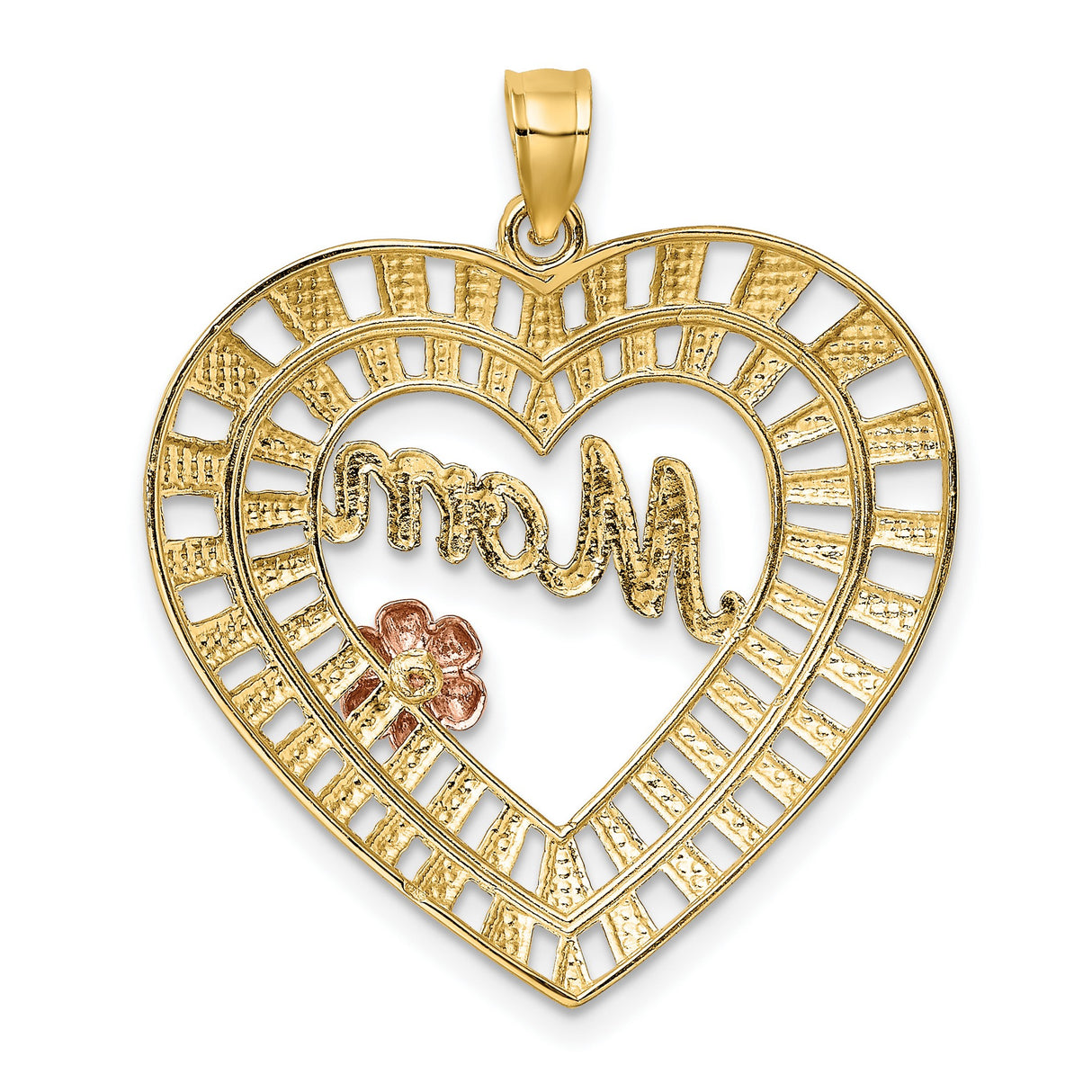 10k Two-Tone Gold Heart Pendant with White Gold Mom Lettering and Rose Gold Flower Detail