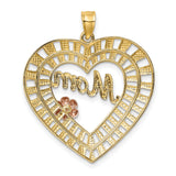 10k Two-Tone Gold Heart Pendant with White Gold Mom Lettering and Rose Gold Flower Detail