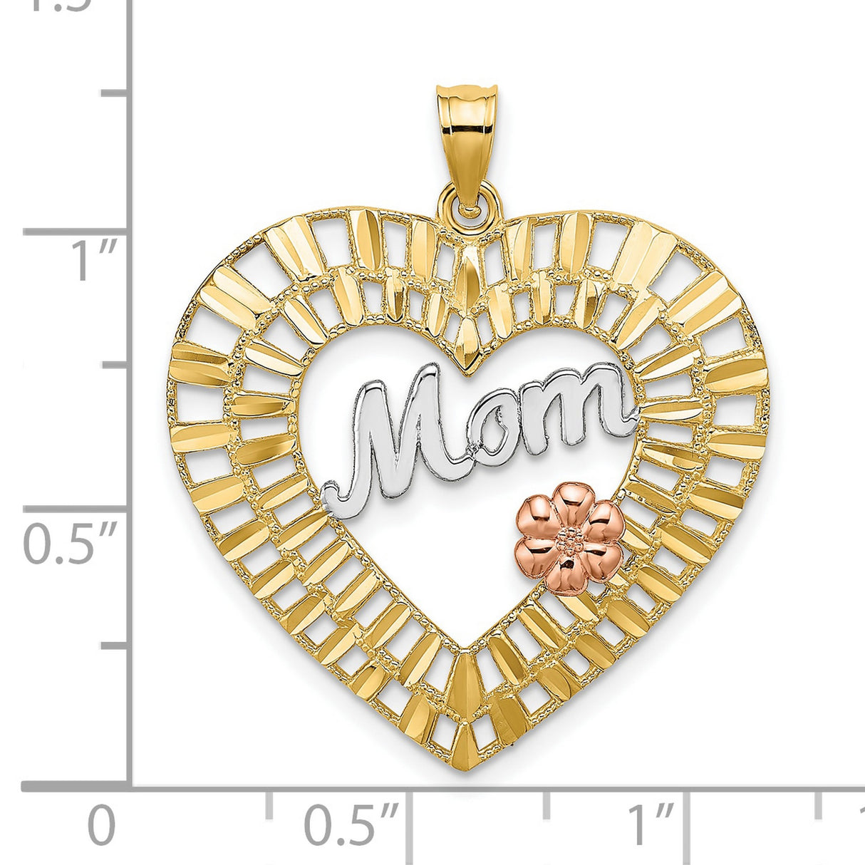 10k Two-Tone Gold Heart Pendant with White Gold Mom Lettering and Rose Gold Flower Detail