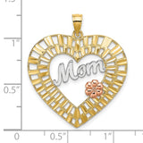 10k Two-Tone Gold Heart Pendant with White Gold Mom Lettering and Rose Gold Flower Detail