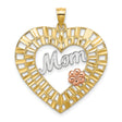 10k Two-Tone Gold Heart Pendant with White Gold Mom Lettering and Rose Gold Flower Detail