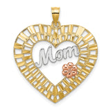 10k Two-Tone Gold Heart Pendant with White Gold Mom Lettering and Rose Gold Flower Detail