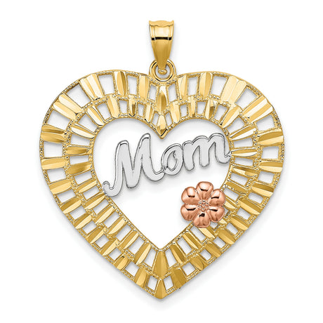 10k Two-Tone Gold Heart Pendant with White Gold Mom Lettering and Rose Gold Flower Detail