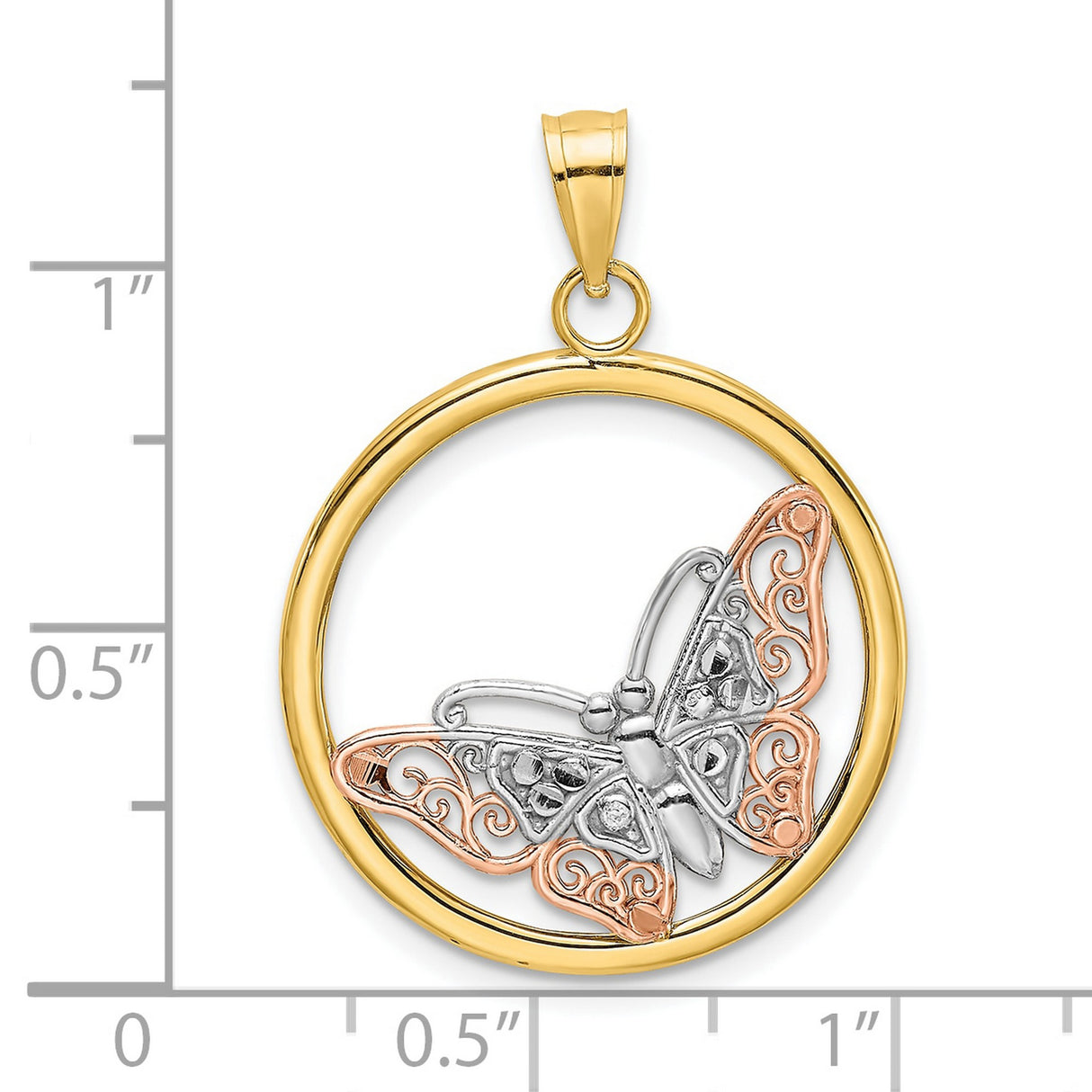 10k Two-Tone Gold Butterfly Pendant with Filigree Wings and Polished Circle Design