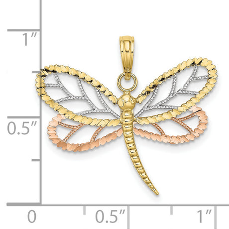10k Two-Tone Gold Dragonfly Pendant with Filigree Wings in Yellow, White, and Rose Gold
