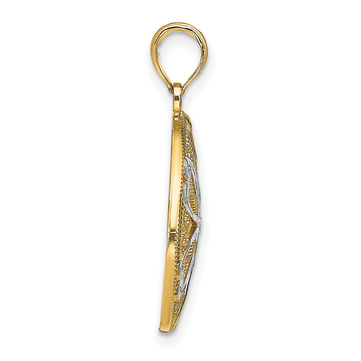 10k Multi-Tone Gold Heart Pendant with Rhodium Accent, Filigree Swirl and Floral Design