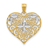 10k Multi-Tone Gold Heart Pendant with Rhodium Accent, Filigree Swirl and Floral Design