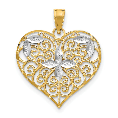 10k Multi-Tone Gold Heart Pendant with Rhodium Accent, Filigree Swirl and Floral Design