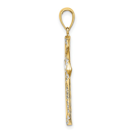 10k Two-Tone Gold Cross Pendant with White Accents and Textured Border