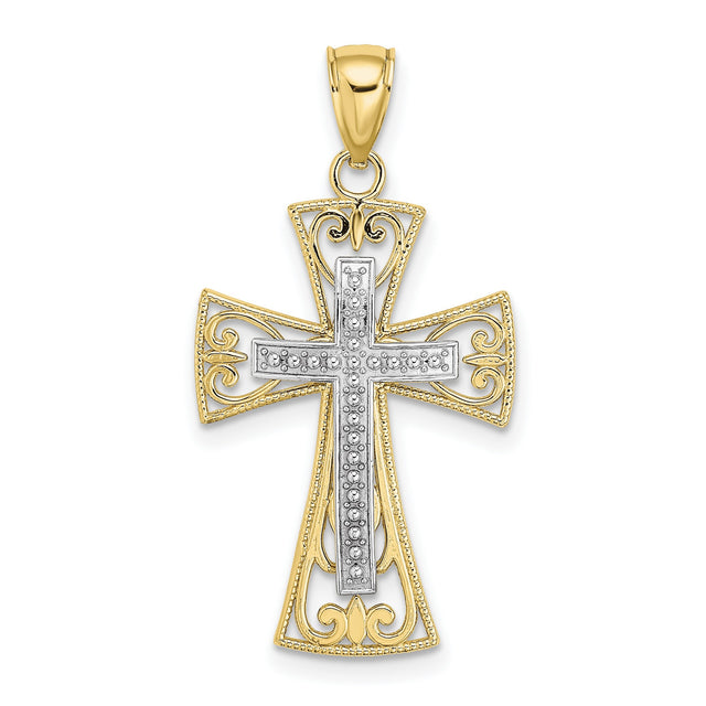 Diamond-Cut Beaded Filigree Cross Charm Pendant in Real 10k Multi-Tone Gold