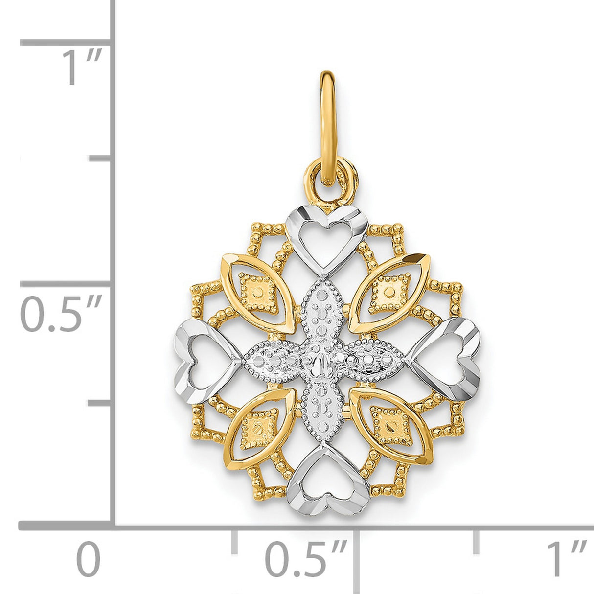 10k Multi-Tone Gold Cross Pendant with Heart and Marquise Motifs, Christian Symbol for Women