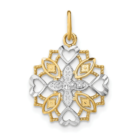 10k Multi-Tone Gold Cross Pendant with Heart and Marquise Motifs, Christian Symbol for Women