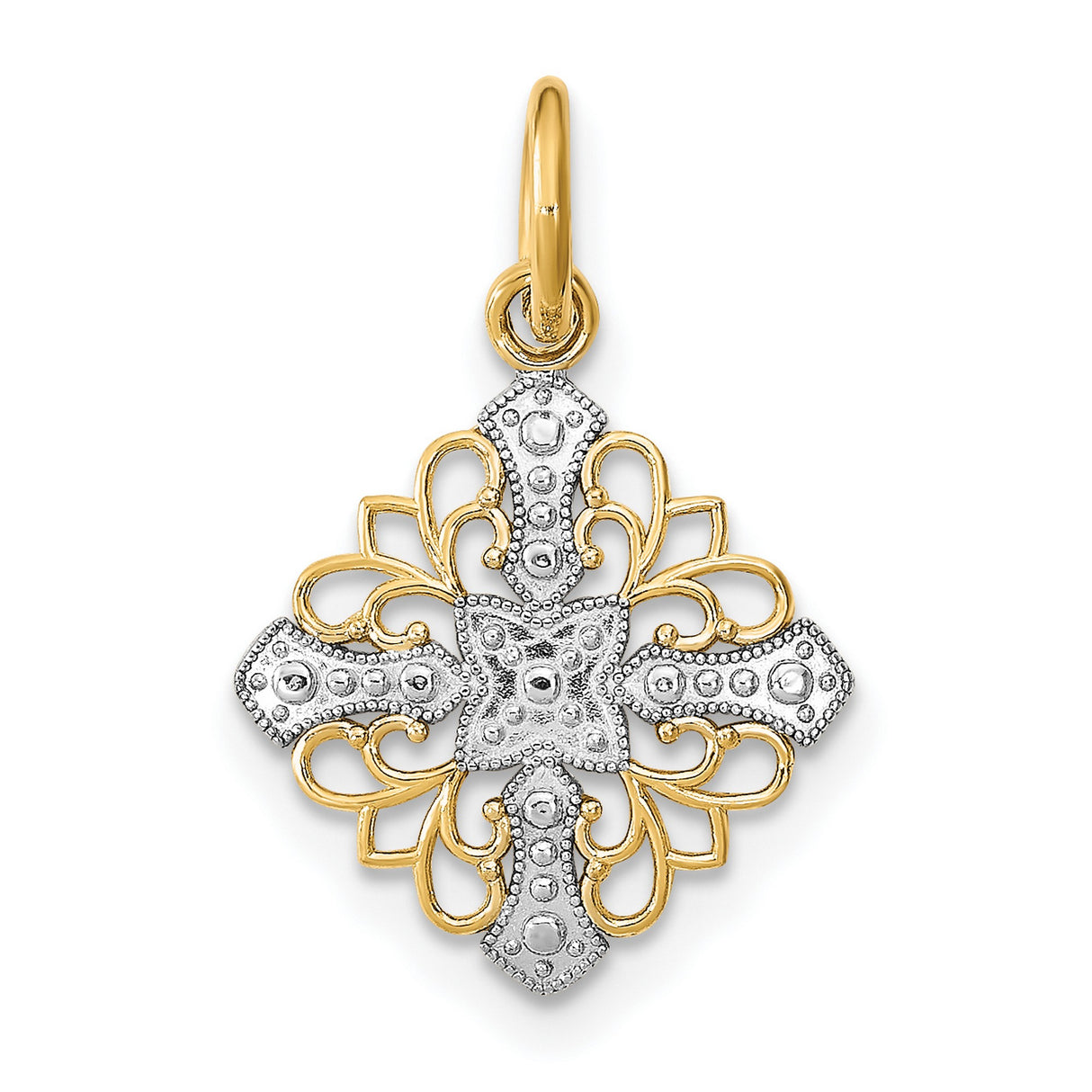 10k Multi-Tone Gold Cross Pendant with Rhodium Accent, Ornate Filigree Christian Medallion