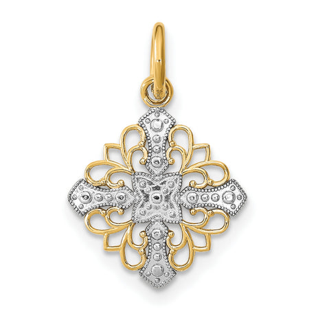 10k Multi-Tone Gold Cross Pendant with Rhodium Accent, Ornate Filigree Christian Medallion