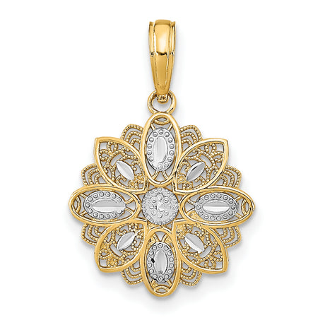 10k Multi-Tone Gold Mandala Flower Pendant with Rhodium Filigree Detail