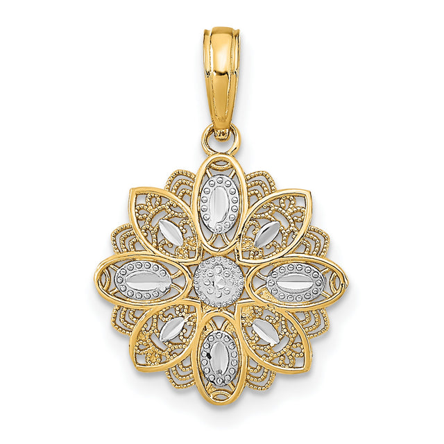 10k Multi-Tone Gold Mandala Flower Pendant with Rhodium Filigree Detail