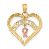 10k Two-Tone Gold Heart Pendant with Rose Gold Awareness Ribbon and Believe Inscription
