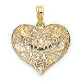 Grandma Word On Scrolled Heart Shaped Charm Pendant in Real 10k Multi-Tone Gold