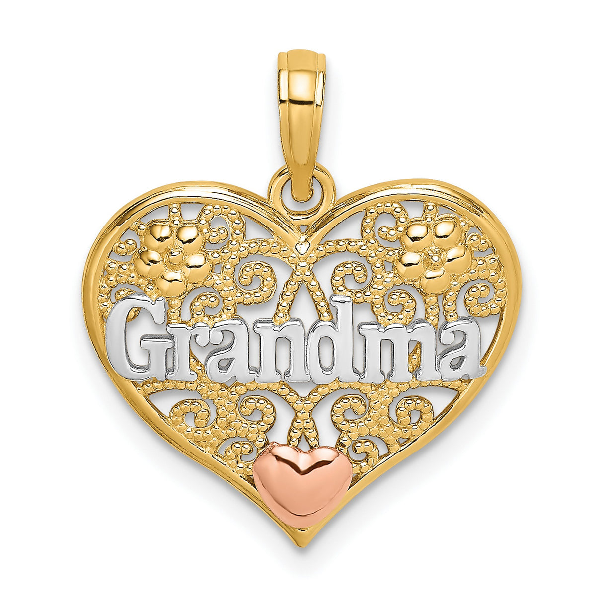 Grandma Word On Scrolled Heart Shaped Charm Pendant in Real 10k Multi-Tone Gold