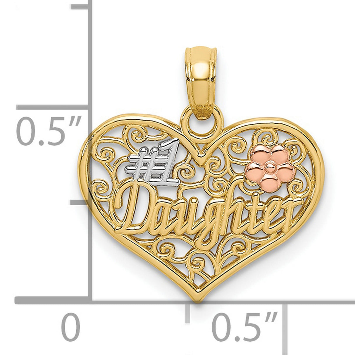 #1 DAUGHTER In Heart Charm Pendant in Real 10k Multi-Tone Gold